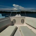 View from the boat's cockpit toward the bow, featuring pale cushioned seats, stainless railings, and a lake or sea with a clear blue sky and distant shoreline in the background