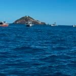 Blue ocean with a rocky island in the middle and several small fishing boats nearby under a clear blue sky