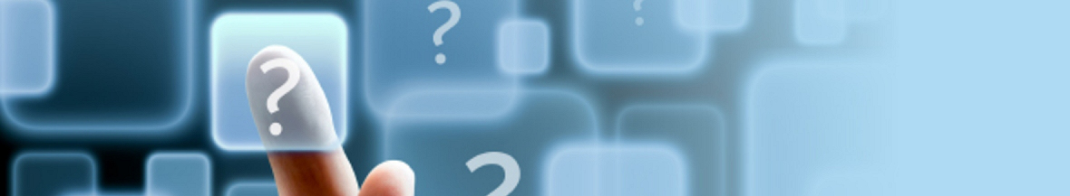 Close-up of a finger pressing a glowing question-mark button on a blue futuristic touchscreen UI, symbolizing help or support.