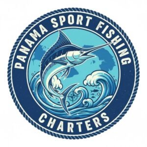 Logo for Panama Sport Fishing Charters featuring a jumping marlin over blue waves in a circular badge.