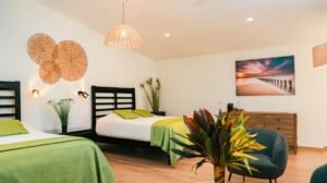 - Panama Sport Fishing Charters Hotel room with two twin beds, green throws, wicker wall decor, and potted plants on the side.