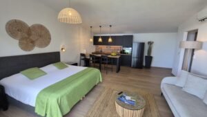 - Panama Sport Fishing Charters Open-plan hotel suite with a king bed, green accents, living area, and a black kitchen island.