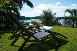 - Panama Sport Fishing Charters Two dark lounge chairs on a grassy lawn facing a lake with palm trees and a blue sky, towels and a plant on a small table nearby.