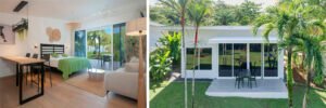 Split image: left shows a bright open-plan bedroom and living area with a green bedspread and sliding glass doors to a patio; right shows a white bungalow with a glass door, small patio table, and lush palm trees surrounding it.