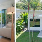 bdm4 - Panama Sport Fishing Charters Left: bright modern bedroom with a green bedspread, seating area, and glass doors opening to a balcony; Right: white single-story house with a small patio, table and chairs, amid palm trees.