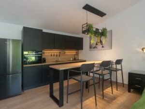 - Panama Sport Fishing Charters Modern kitchen with black cabinets, stainless fridge, and a wooden island with four bar stools.