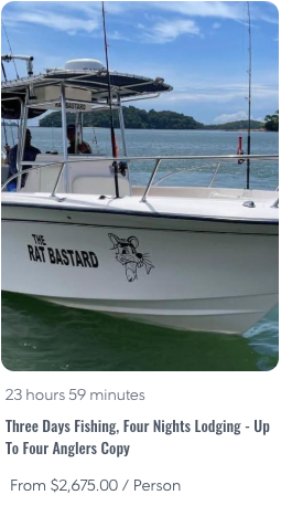 3D4L - Panama Sport Fishing Charters Front view of a white fishing boat named 'The Rat Bastard' with a cartoon rat logo, on turquoise water with coastline in the background.