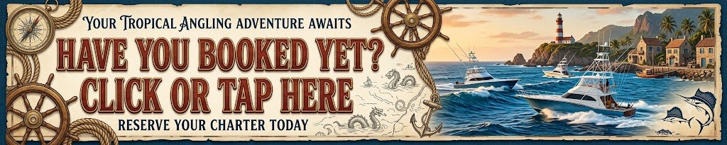 bookedyet - Panama Sport Fishing Charters Nautical-themed banner prompting users to book a charter: 'Have you booked yet? Click or tap here' with boats, lighthouse, ocean, and decorative ropes and wheels.