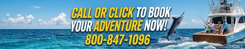 callclick - Panama Sport Fishing Charters Advertisement banner: people fishing on a boat at sea; a dolphin jumps beside the boat as bold text promotes booking and shows 800-847-1096.