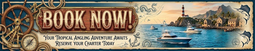 Promotional banner advertising charter fishing trips with 'BOOK NOW!' and nautical imagery of a wheel, ropes, boats, and a coastal island with a lighthouse.