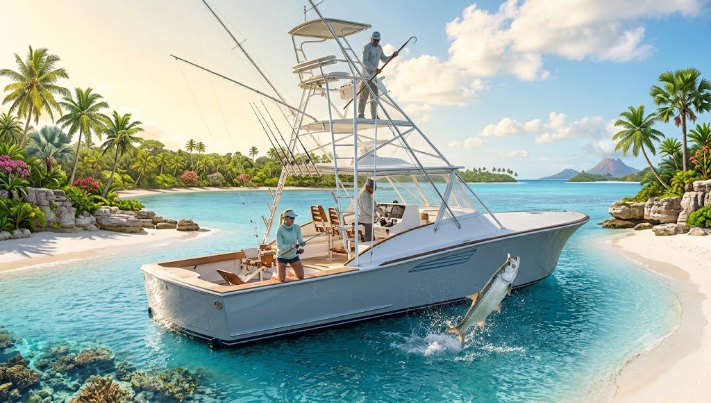 inshore - Panama Sport Fishing Charters Sportfishing boat in a tropical lagoon as a marlin leaps beside the bow and crew reel in a catch.