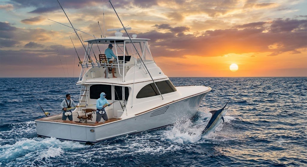 offshore - Panama Sport Fishing Charters White sport-fishing boat at sunset with two anglers on deck and a marlin jumping near the stern.