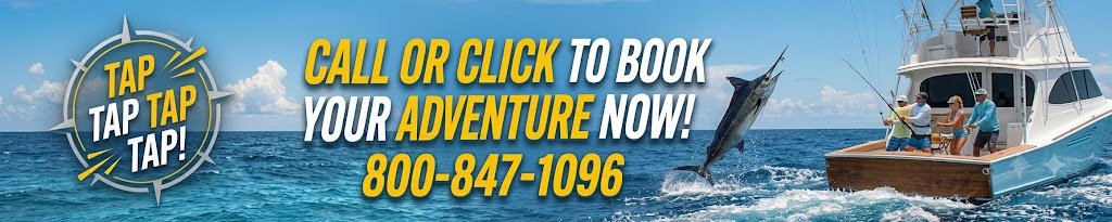 taptap - Panama Sport Fishing Charters Promotional banner inviting to book a fishing adventure, showing a jumping marlin by a charter boat and the phone number 800-847-1096.