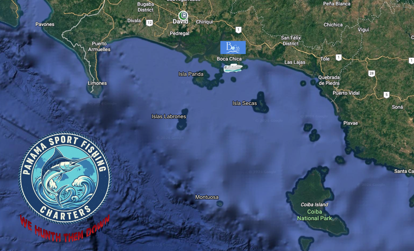 5555555 - Panama Sport Fishing Charters Satellite map of Panama's Pacific coast near Boca Chica and Coiba National Park, with a Panama Sport Fishing Charters logo in the bottom-left and the slogan 'We hunt them down.'