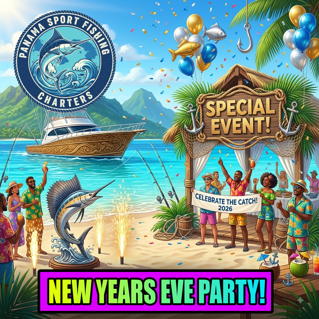 Tropical beach party for a special event and New Year’s Eve, with a boat, crowd under a cabana, and signs reading Special Event, Celebrate the Catch! 2026, and NEW YEARS EVE PARTY!