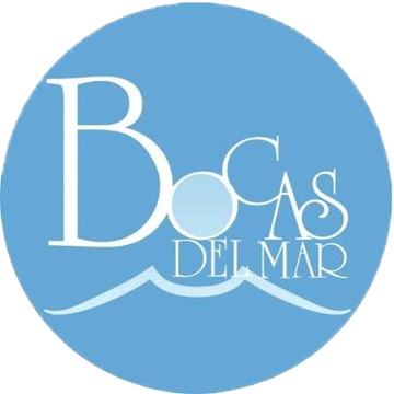 Circular blue logo for 'Bocas del Mar' with white stylized letters and a light blue wave motif