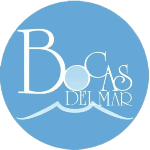 Round blue logo for Bocas del Mar featuring white stylized text and a light wave motif.