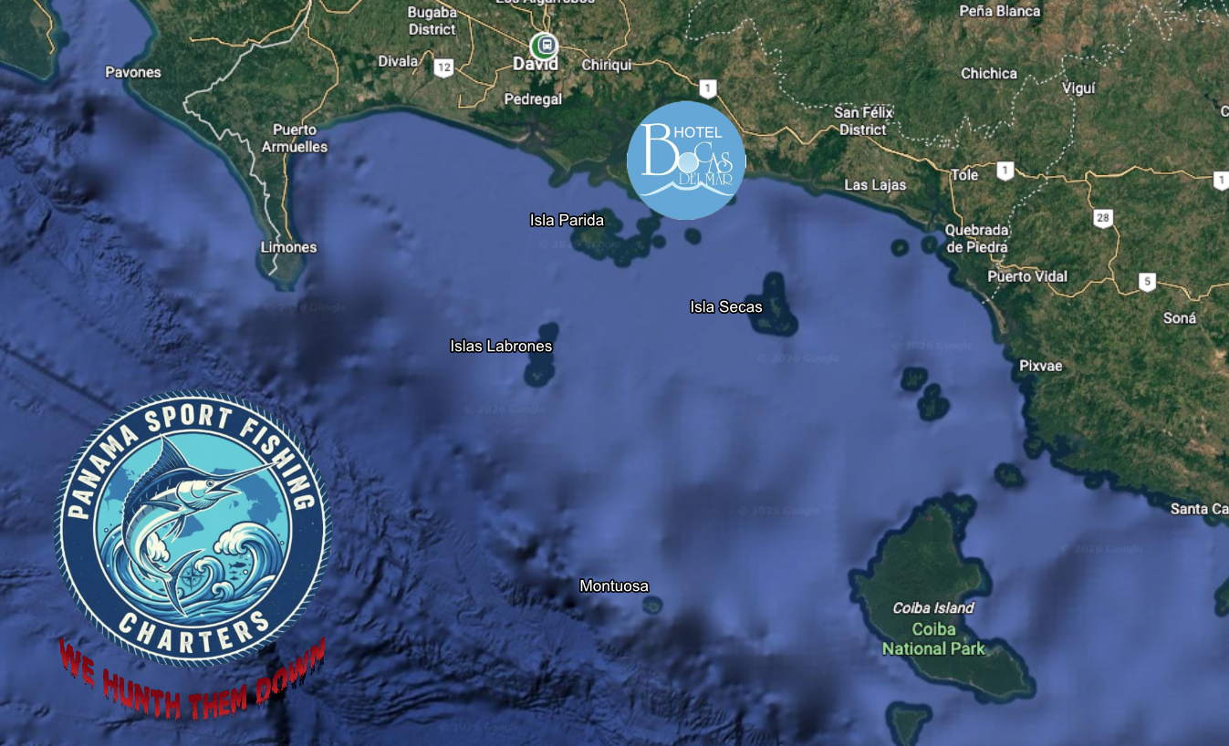 Promotional map of Panama's coastal Gulf with charter logo and a hotel logo pinned along the coast near Isla Parida and the Coiba area.