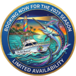 Circular badge showing a fishing boat and a leaping marlin at sunset; text reads 'Booking now for the 2027 season' and 'Limited availability'.