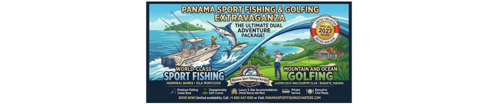 gaf - Panama Sport Fishing Charters Colorful banner advertising Panama Sport Fishing & Golfing Extravaganza, with a speedboat, marlin, a golfer, and tropical scenery.