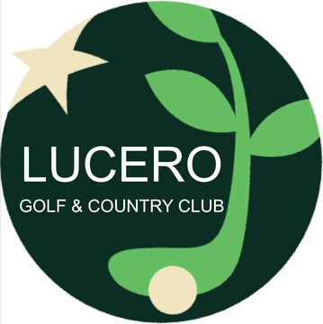 Lucero Golf & Country Club logo: white text on dark green circle with a beige star and green leaves signature design.
