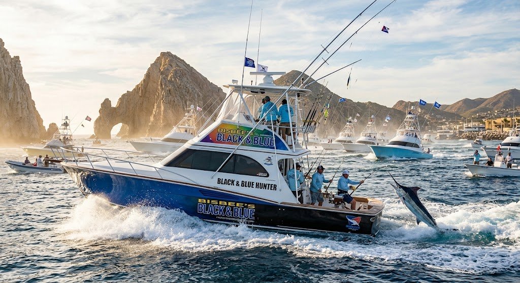 bisd - Panama Sport Fishing Charters A group of sport fishing boats with blue-and-white hulls speed across choppy water near rocky cliffs, surf, and a rocky arch in the background; crew wearing blue shirts on the closest boat.