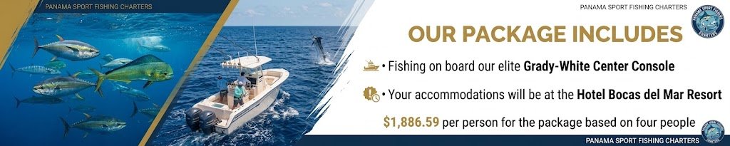 Banner for Panama sport fishing charters: boat at sea with a school of fish; package includes Grady-White Center Console fishing, Hotel Bocas del Mar Resort, and  alt=