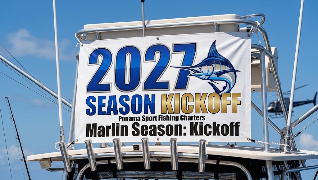 marlin - Panama Sport Fishing Charters Banner on a boat promoting the 2021 season kickoff for Panama Sport Fishing Charters, featuring a marlin illustration and bold text.