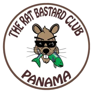 Circular logo for The Rat Bastard Club Panama, featuring a cartoon rat wearing sunglasses and holding two fish in its mouth.
