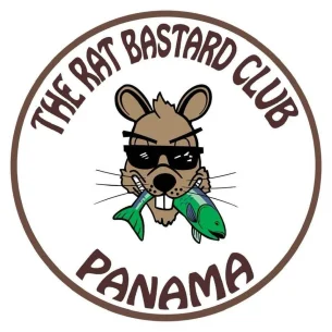 Circular logo for The Rat Bastard Club Panama, featuring a cartoon rat wearing sunglasses and holding two fish in its mouth.